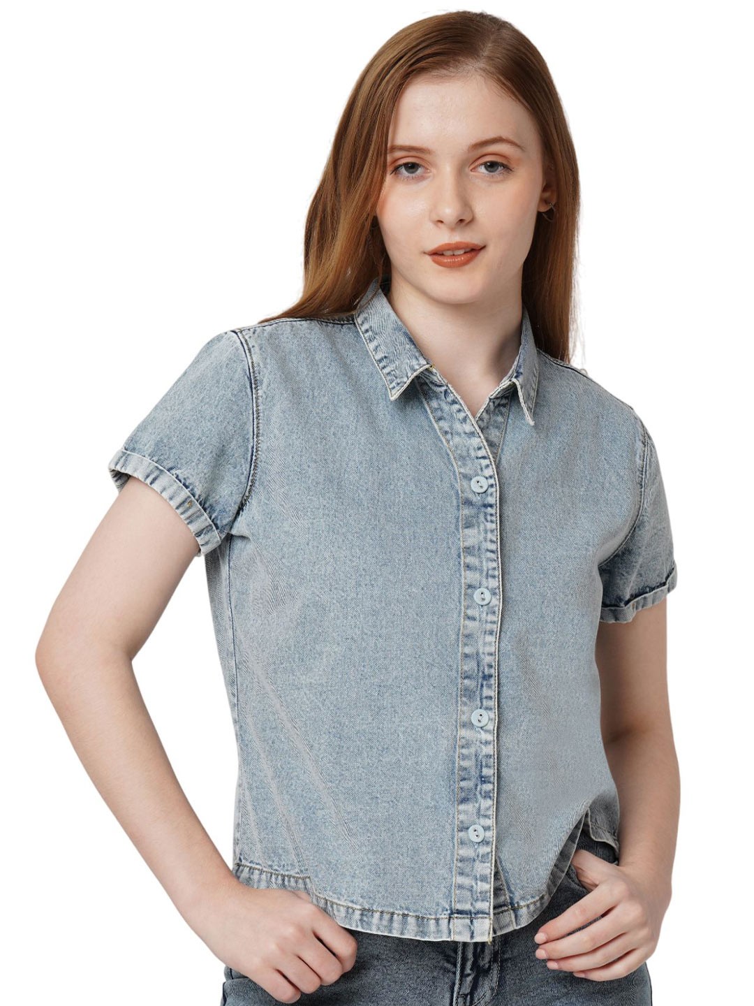 

Kraus Jeans Women Spread Collar Faded Cotton Slim Fit Casual Shirt, Grey