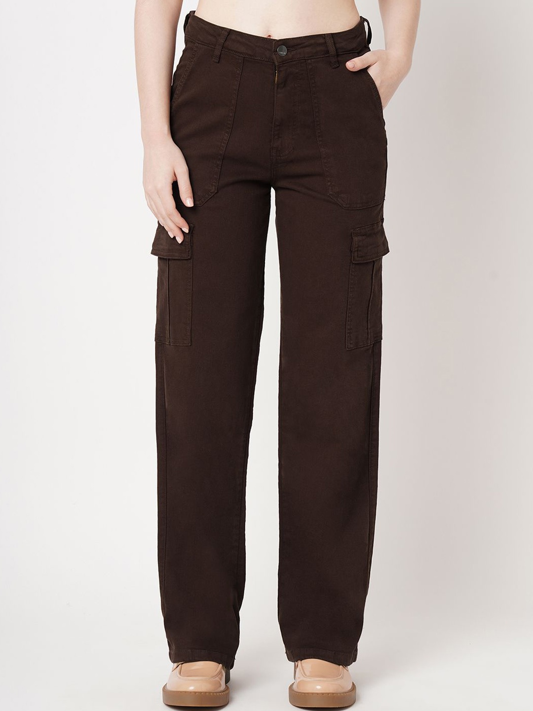 

Kraus Jeans Women Straight Fit Mid-Rise Cargo Trouser, Brown
