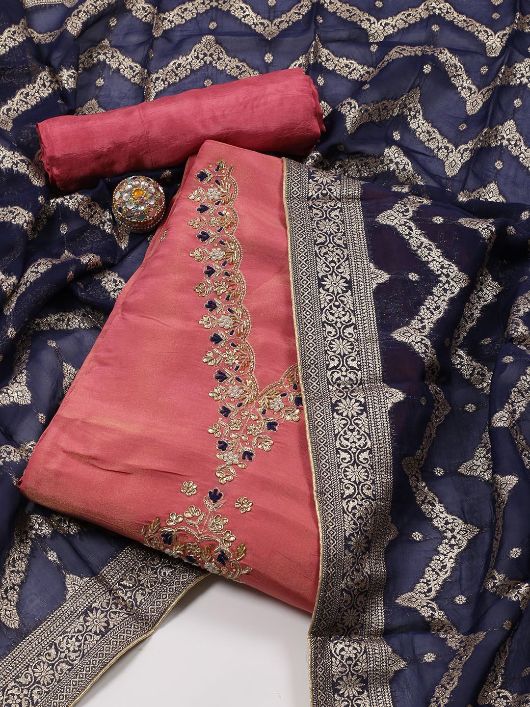 

Meena Bazaar Floral Embroidered Sequinned Unstitched Dress Material, Pink