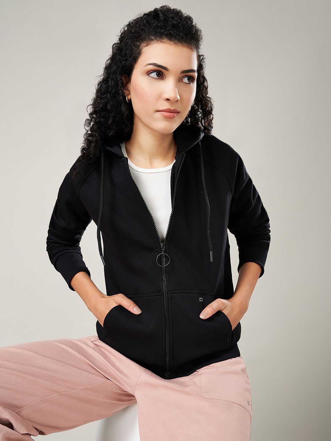 

Ajile by Pantaloons Women Hooded Front-Open Sweatshirt, Black