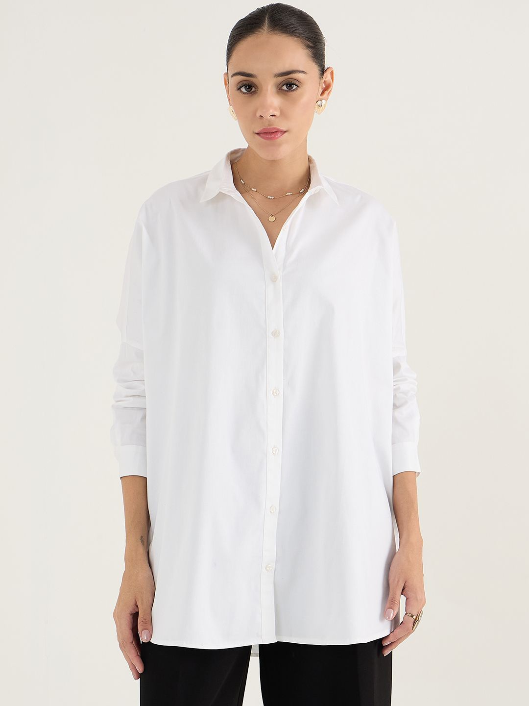 

FEMMELLA Women Standard Spread Collar Solid Cotton Casual Shirt, White
