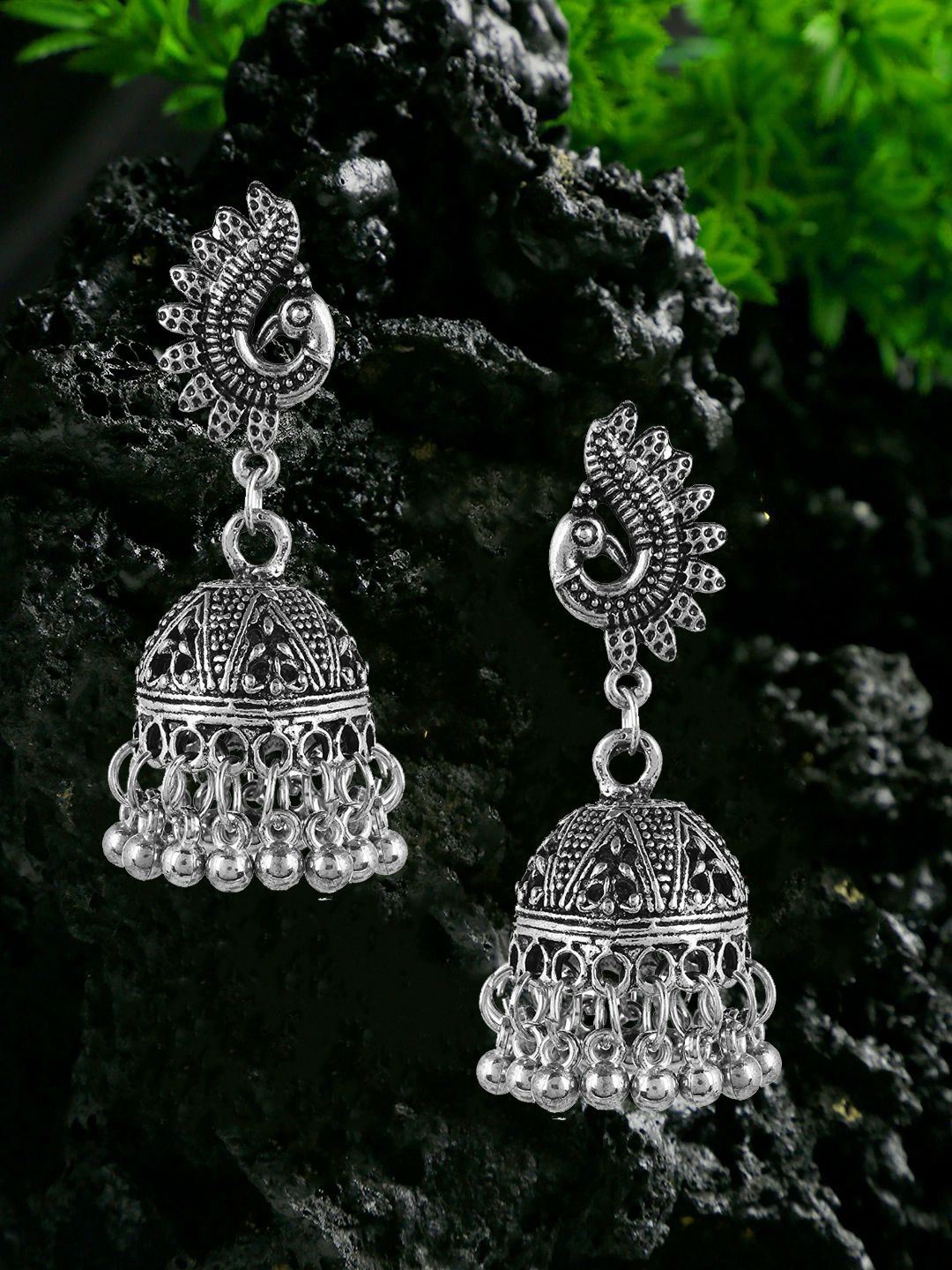 

YouBella Silver-Plated Dome Shaped Oxidised Jhumkas