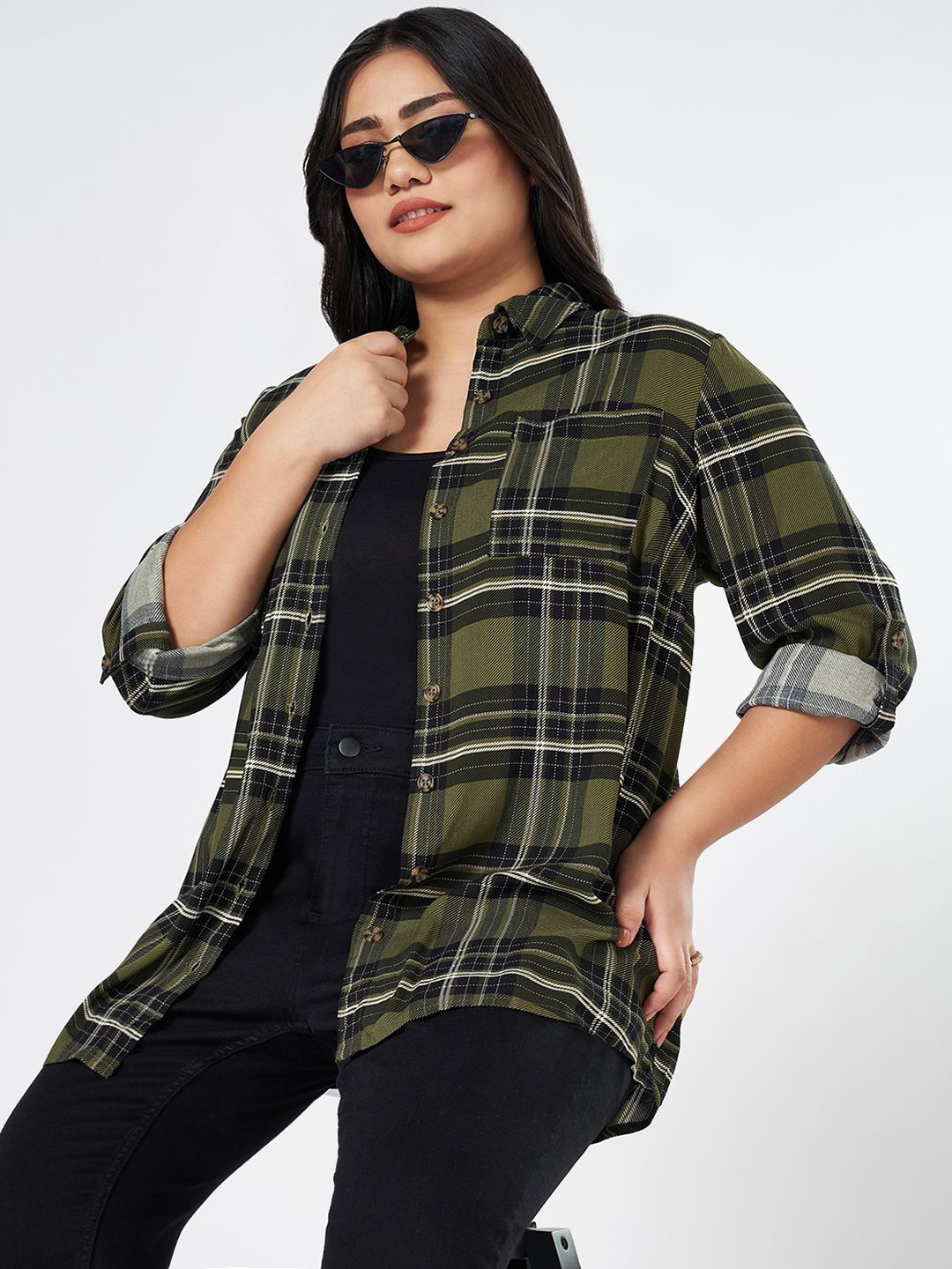 

Honey Curvytude by Pantaloons Printed Roll-Up Sleeves Shirt Style Top, Green