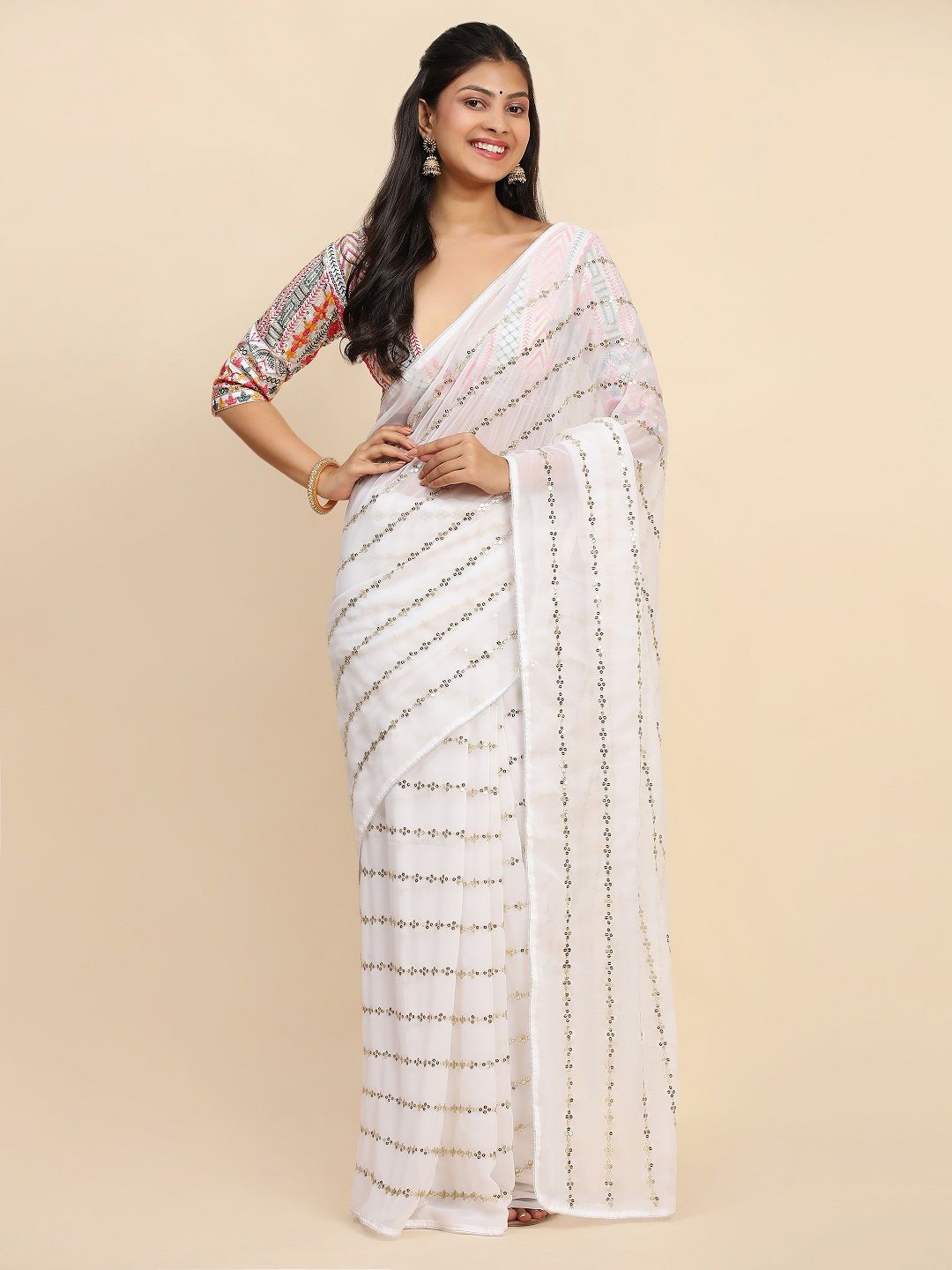 

Suha Embellished Sequinned Saree, White