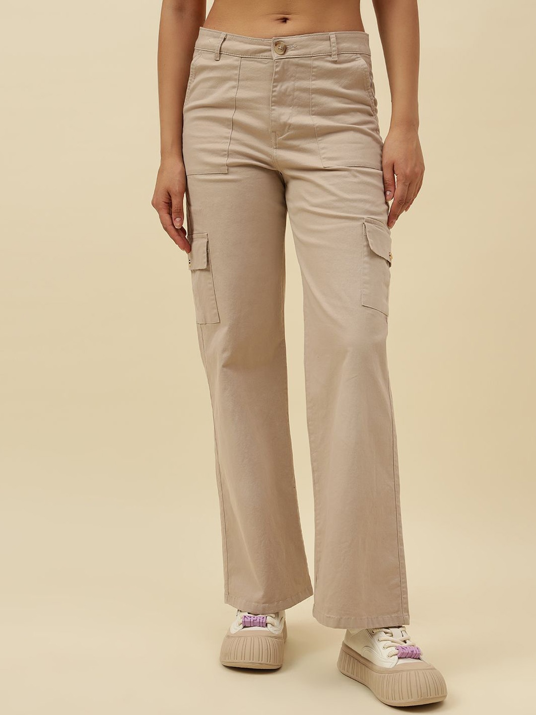 

Beatnik Women Cotton Smart Flared High-Rise Casual Trousers, Beige