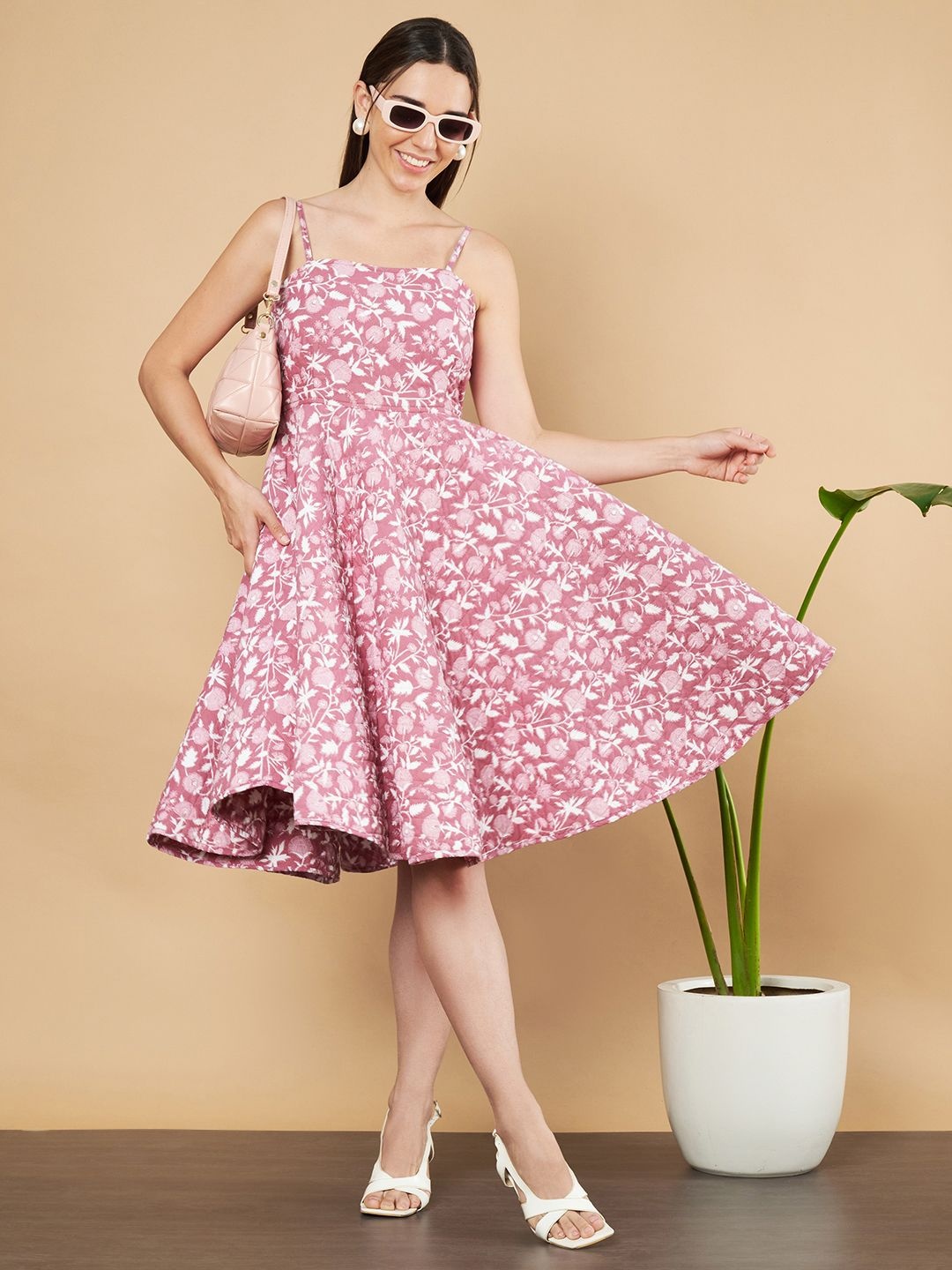 

KALINI Floral Print Fit & Flare Midi Cotton Dress, Pink