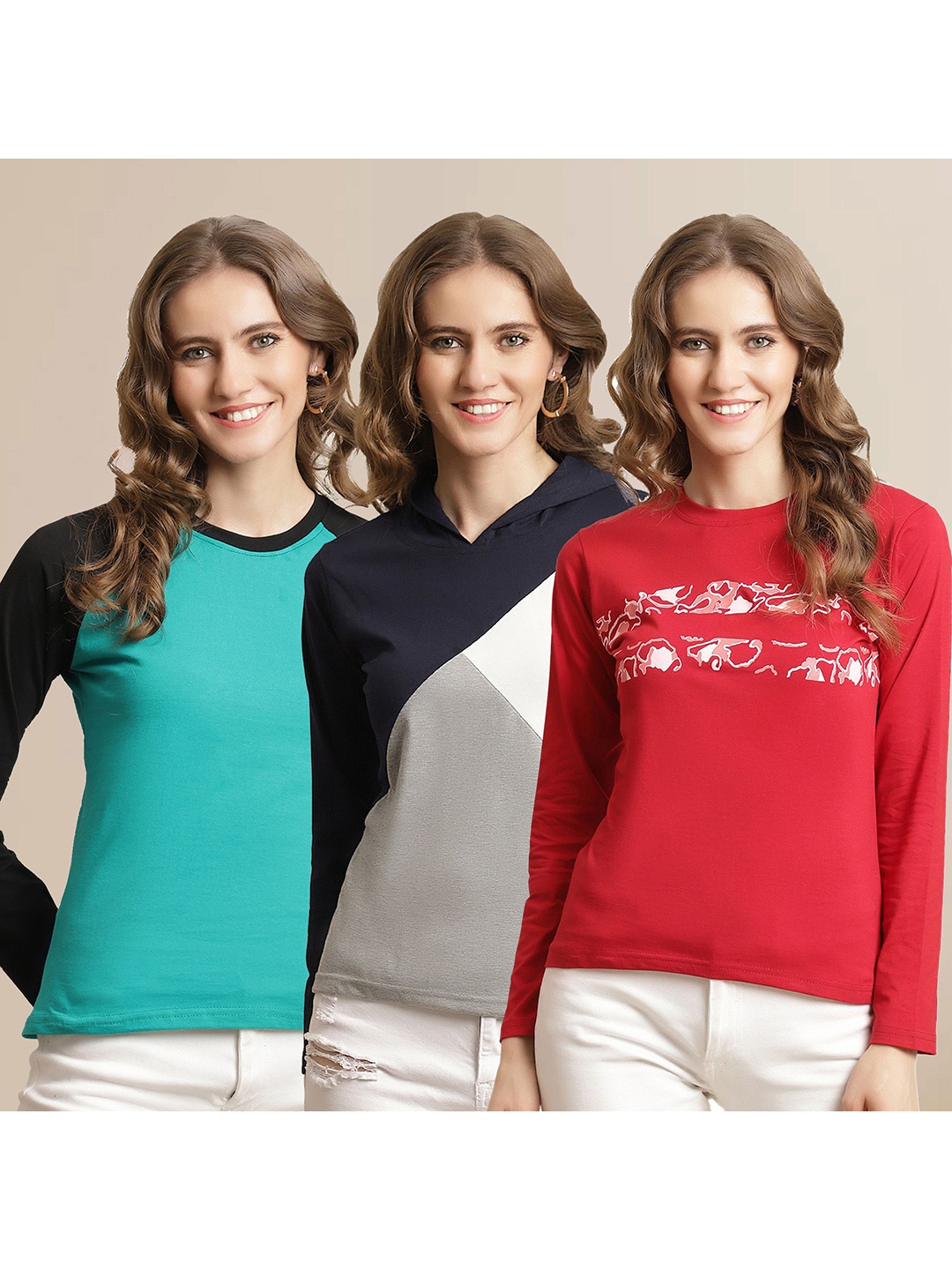

Metronaut Women Pack Of 3 Colourblocked Round Neck Cotton T-shirts, Red