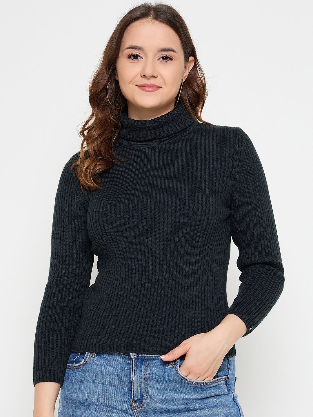 

CREATIVE LINE Women Turtle Neck Long Sleeves Woollen Sweater Vest, Black