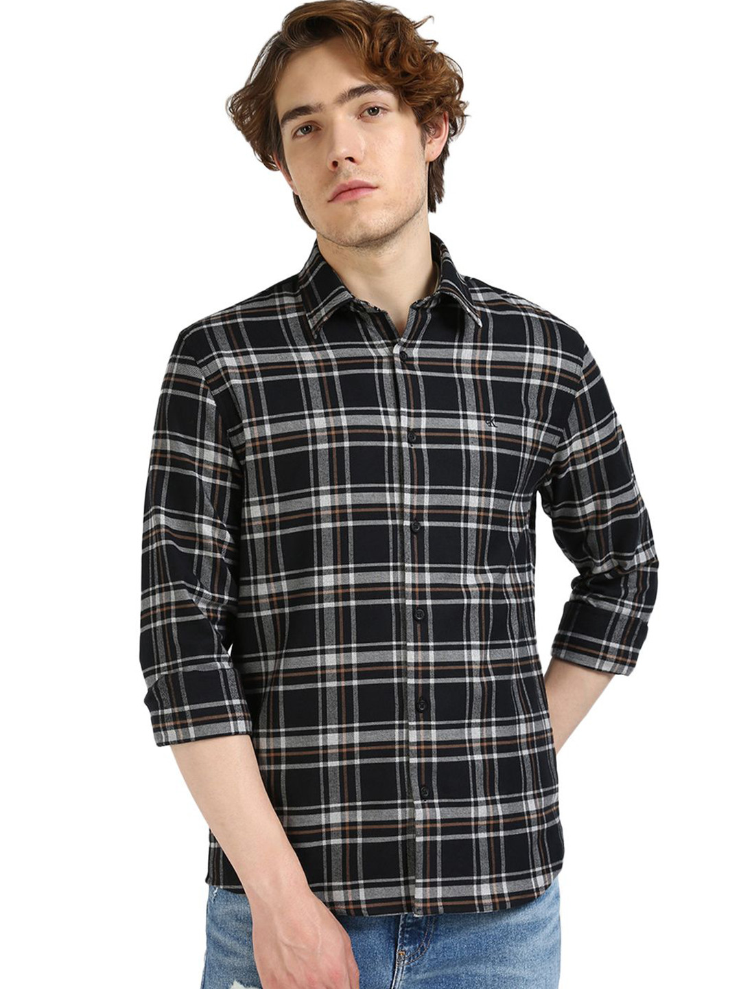 

Calvin Klein Jeans Men Spread Collar Tartan Checked Cotton Casual Shirt, Black