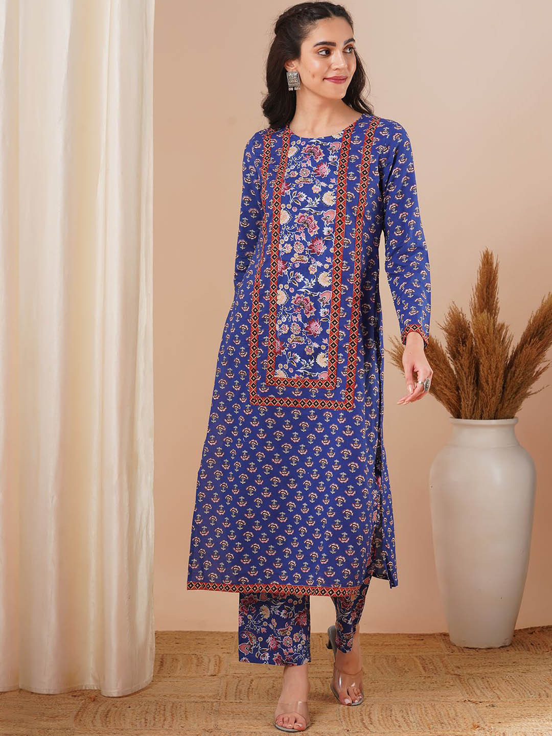

FASHOR Ethnic Motifs Printed Straight Pure Cotton Kurta With Trousers, Blue
