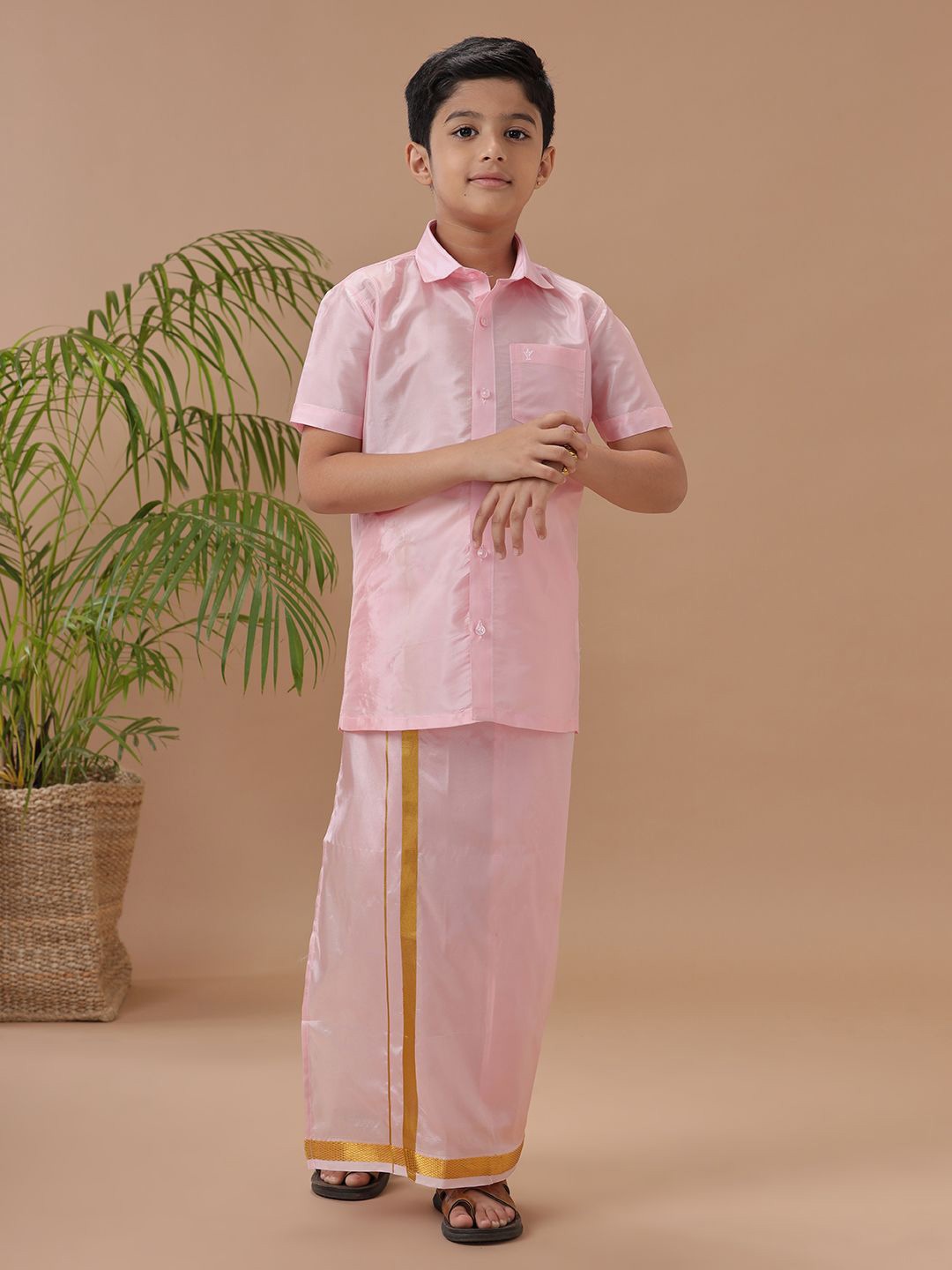 

Ramraj Boys Short Sleeves Shirt With Zari Border Dhoti, Pink