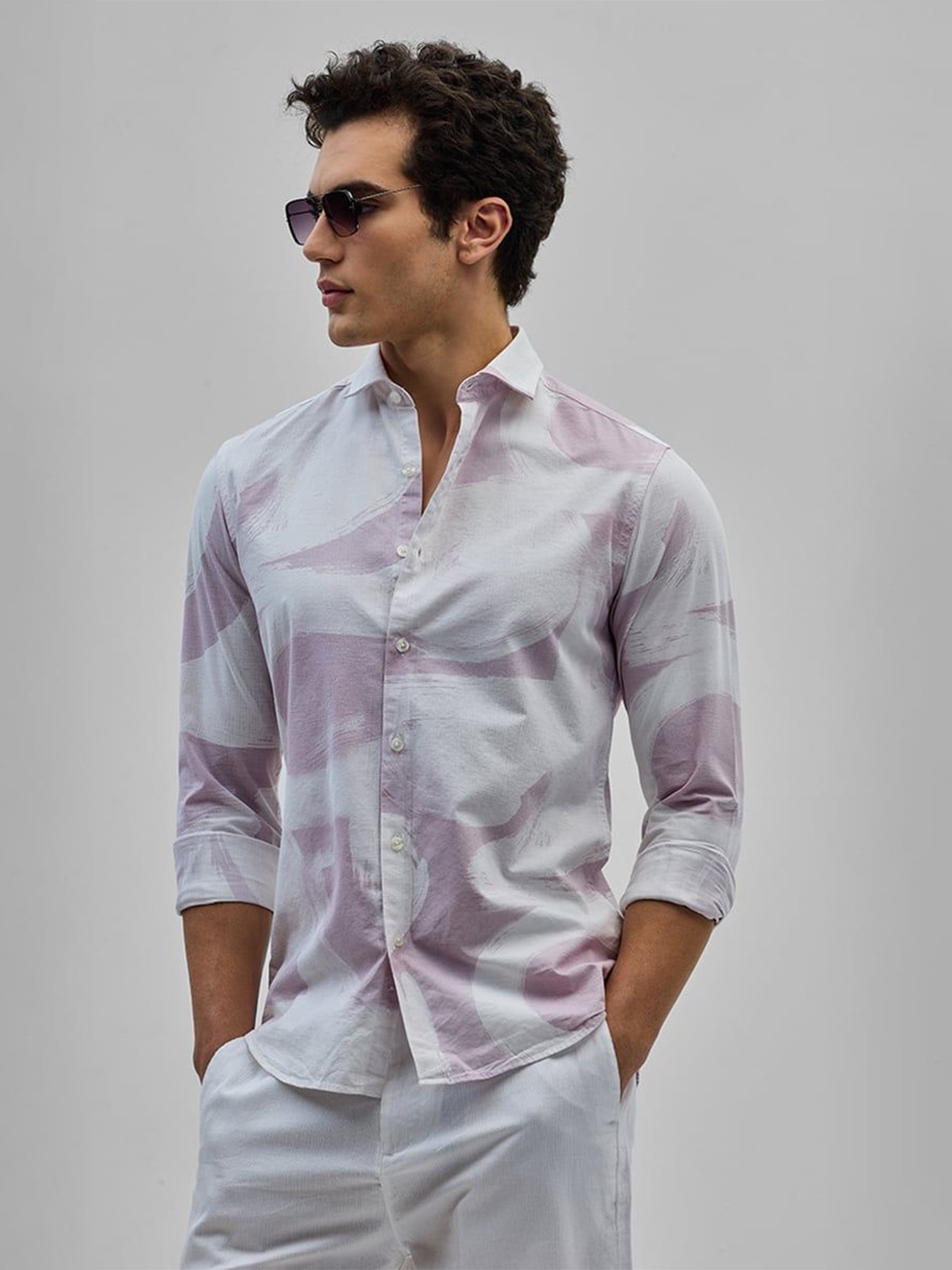 

Snitch Men Smart Spread Collar Abstract Printed Cotton Casual Shirt, Lavender