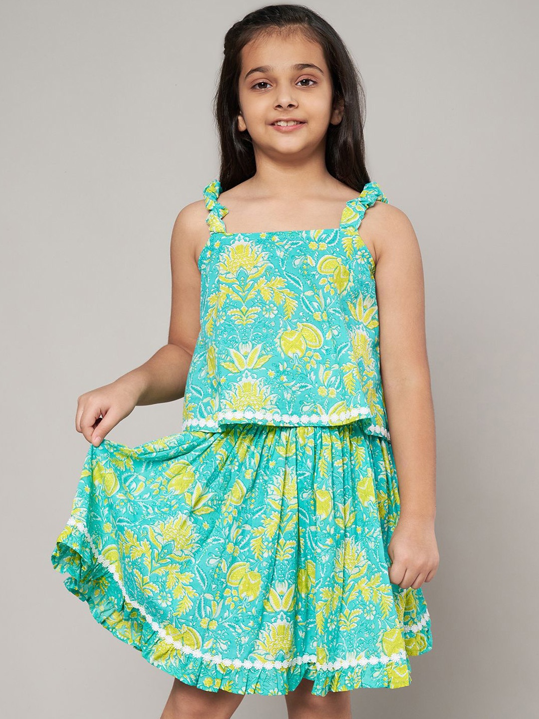 

FABRIC FITOOR Printed Pure Cotton Top With Skirt, Sea green