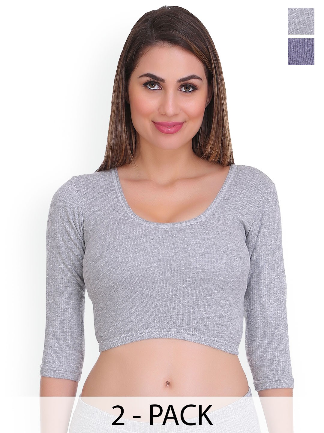 

SELFCARE Women Pack Of 2 Round Neck Thermal Crop Tops, Grey