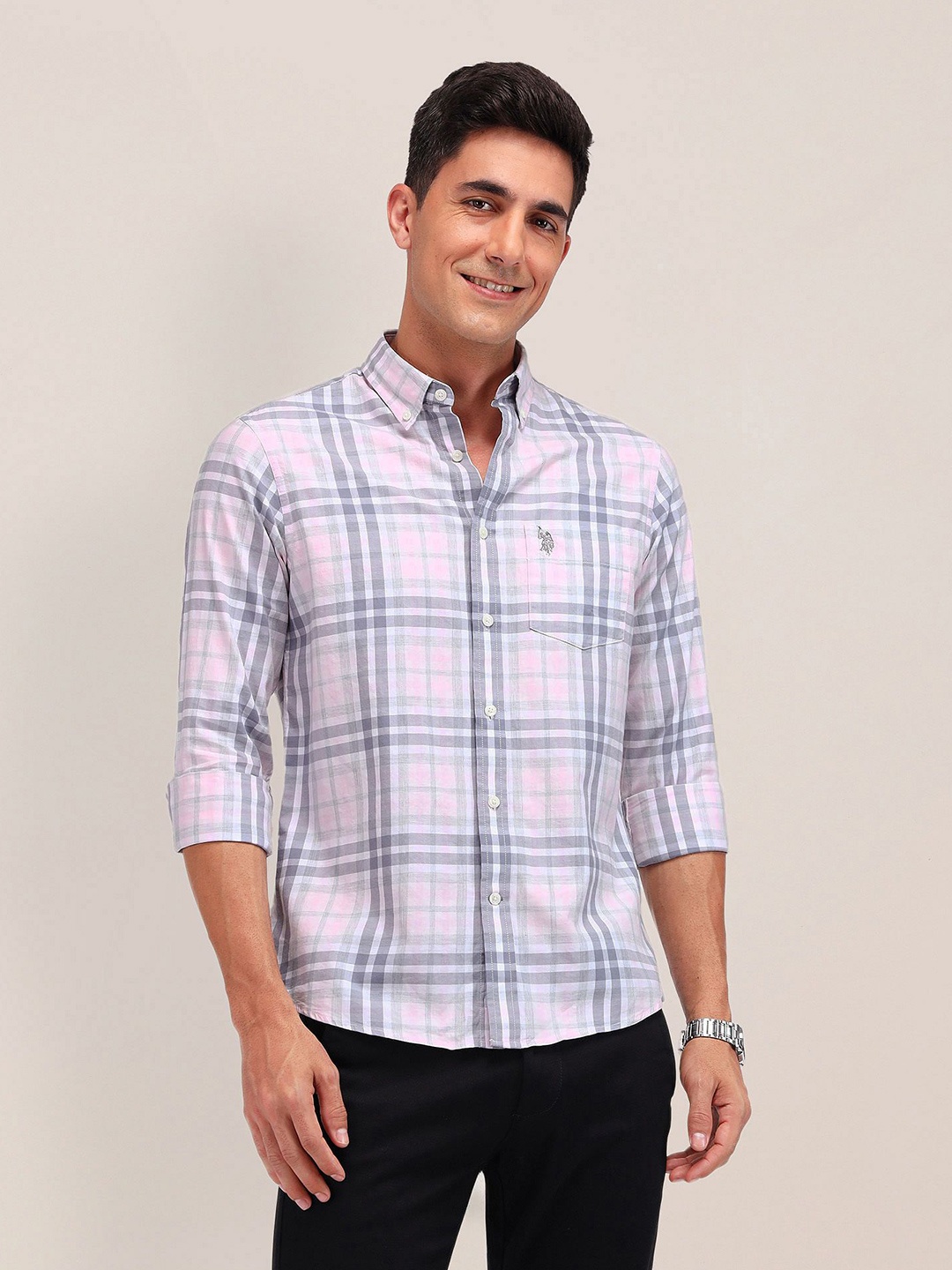 

U.S. Polo Assn. Men Button-Down Collar Tartan Checked Cotton Tailored Fit Casual Shirt, Pink