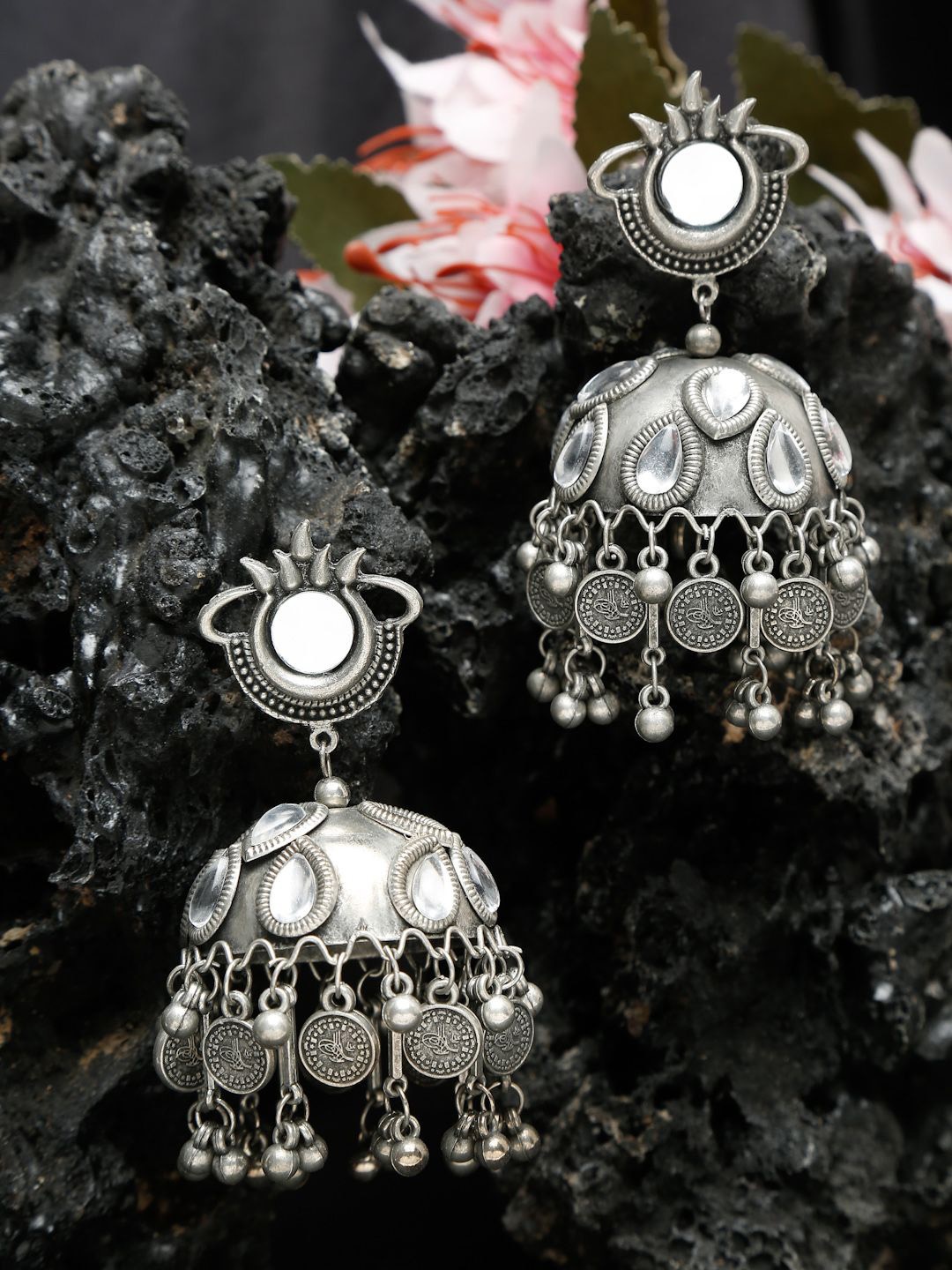 

YouBella Siver Plated Artificial Stones Studded Contemporary Jhumkas Earrings, Silver