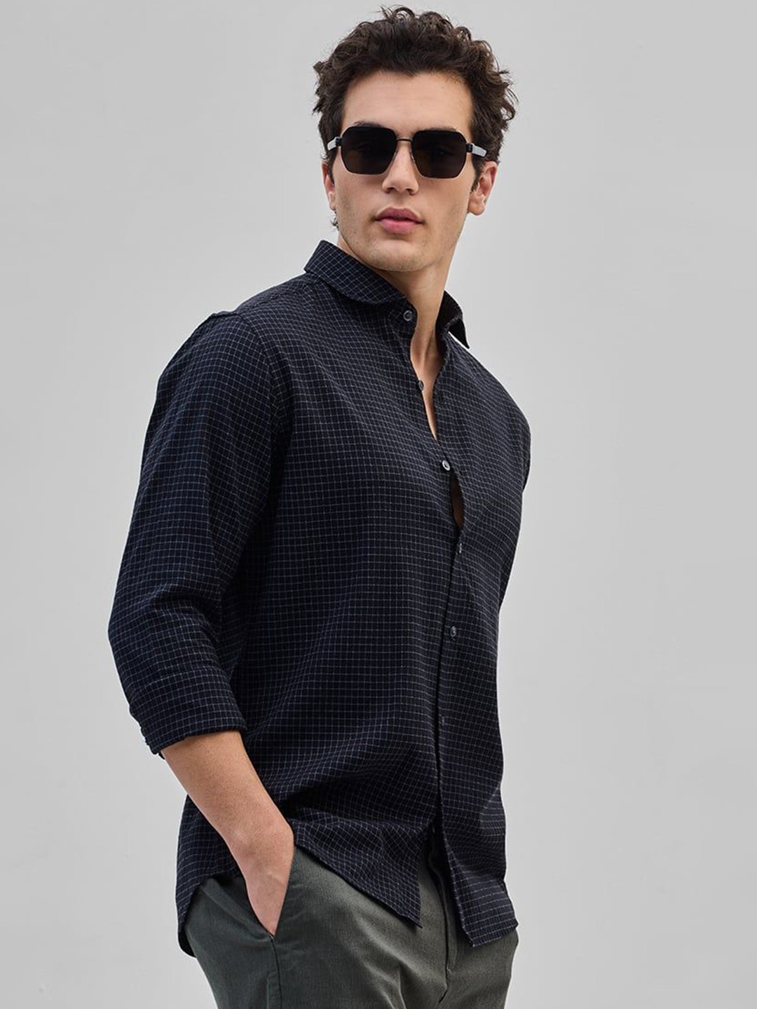 

Snitch Men Smart Spread Collar Micro Checked Cotton Casual Shirt, Black