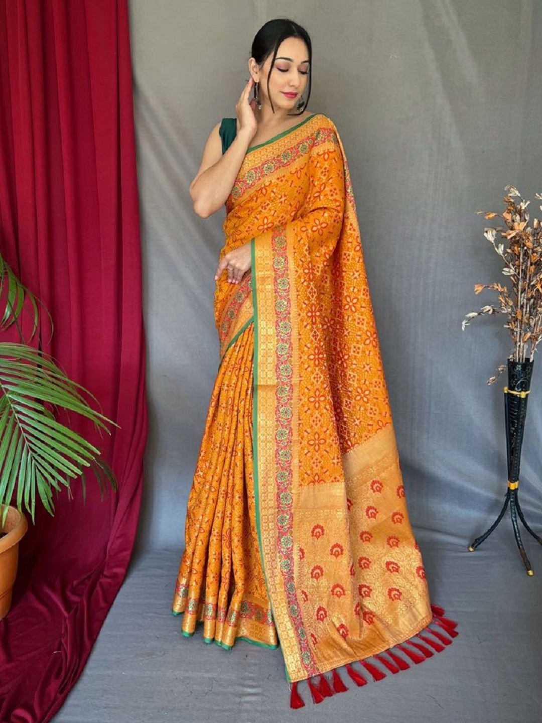 

Suha Ethnic Motifs Zari Pure Silk Patola Saree, Mustard