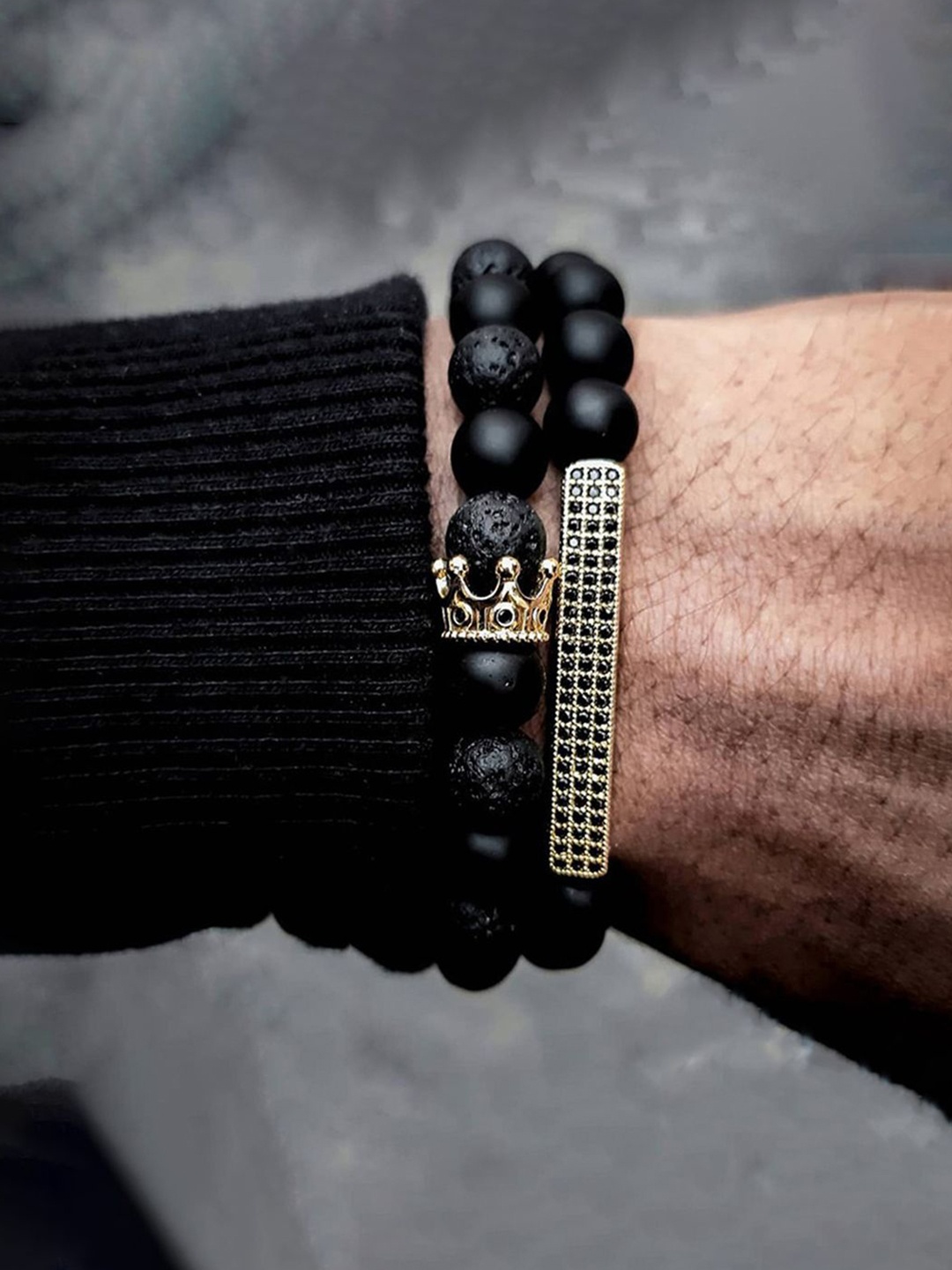 

Designs & You Men Set Of 2 Gold-Plated Beaded Elasticated Bracelet, Black