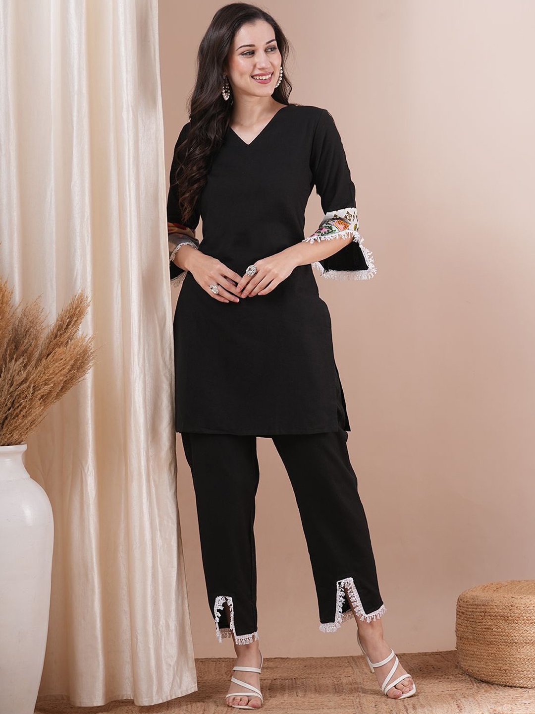 

FASHOR V-Neck Pure Cotton Tunic With Trousers, Black