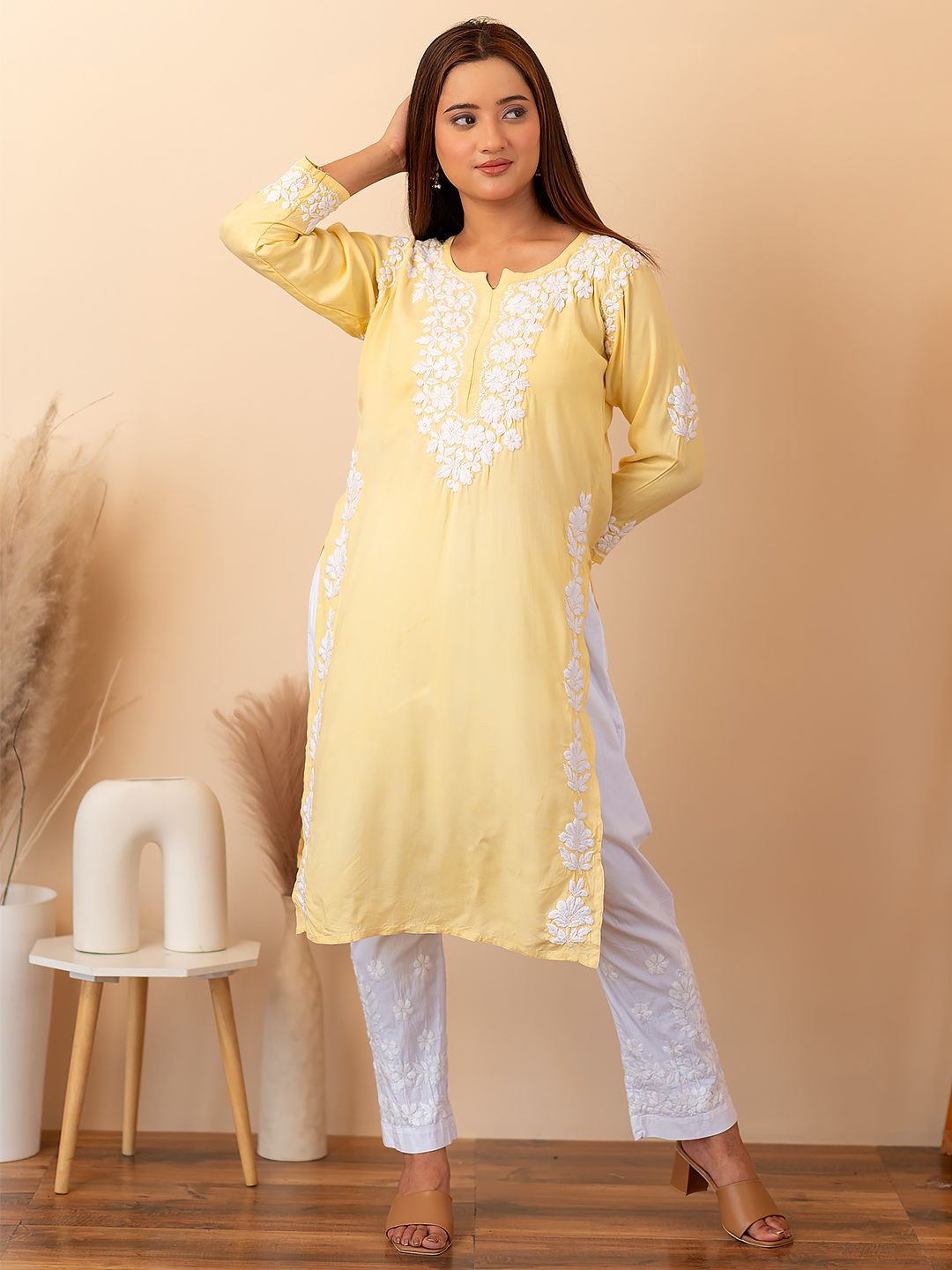 

The Chikan Label Aisha Floral Embroidered Round Neck Chikankari Cotton Straight Kurta, Yellow