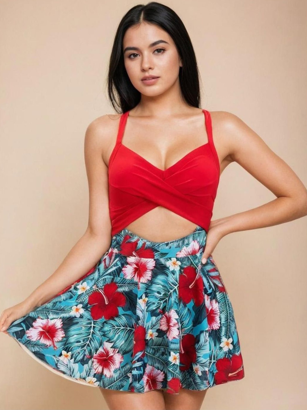 

WomanLikeU Women Cross-Strap Swim Dress With Bikini Bottoms Swimwear, Red