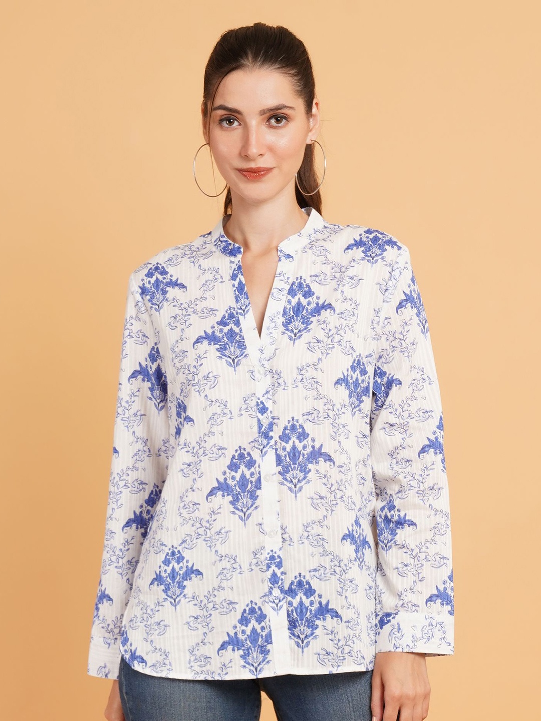 

Mast & Harbour Women Relaxed Mandarin Collar Floral Printed Cotton Oversized Casual Shirt, Blue