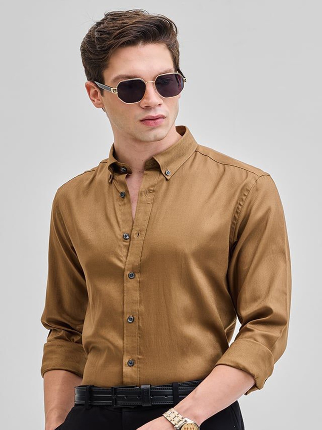 

Snitch Men Smart Button-Down Collar Solid Casual Shirt, Tan