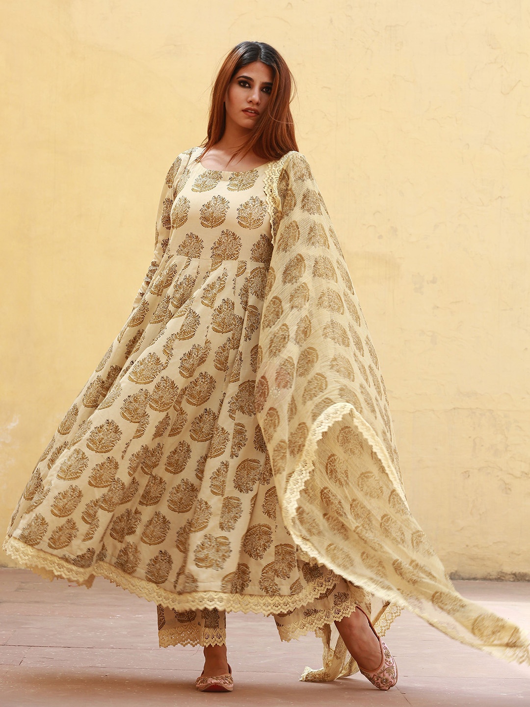 

GulaboJaipur Floral Printed Pure Cotton Anarkali Kurta With Trousers & Dupatta, Beige