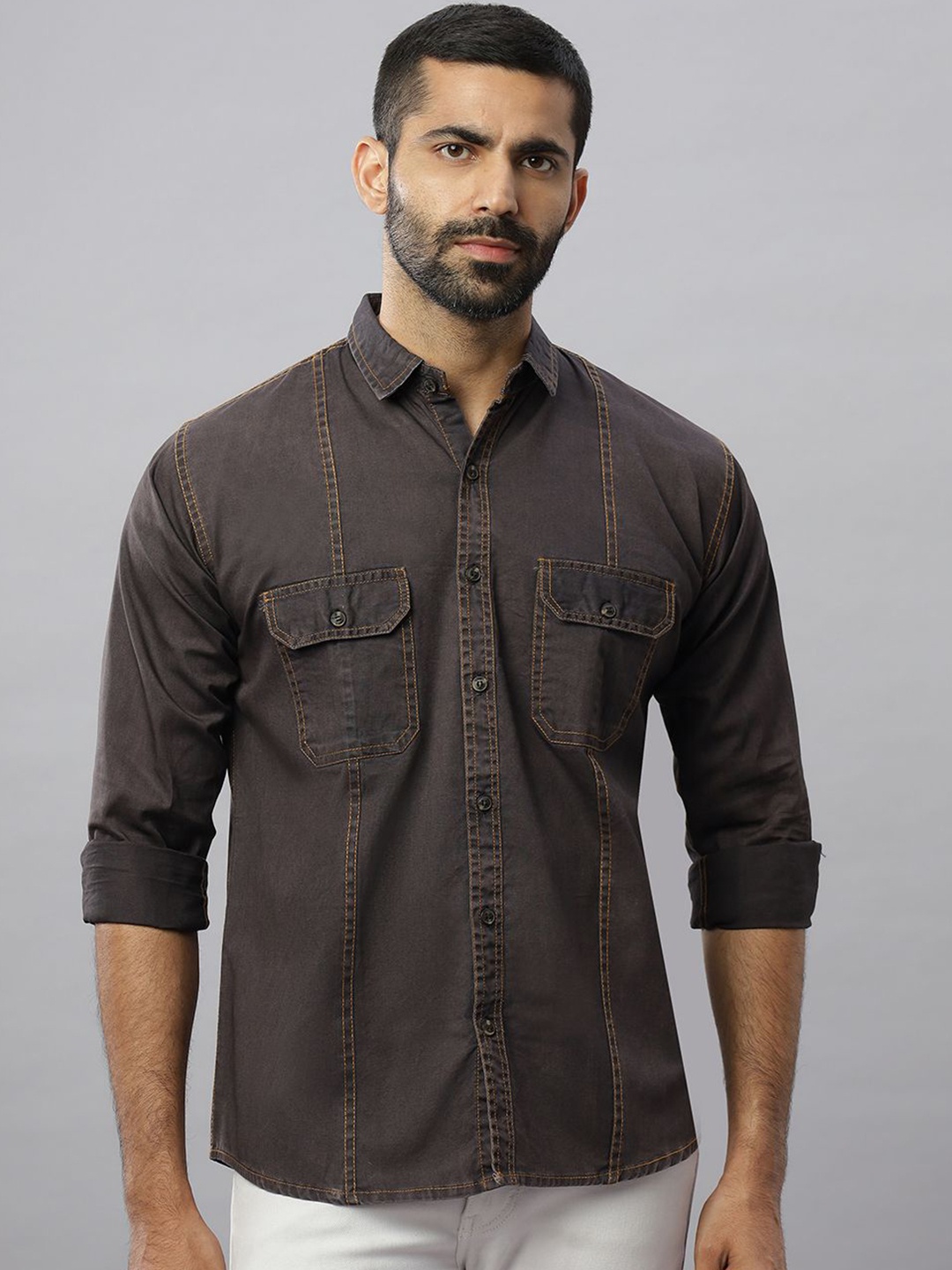 

N AND J Men Relaxed Spread Collar Solid Denim Casual Shirt, Grey