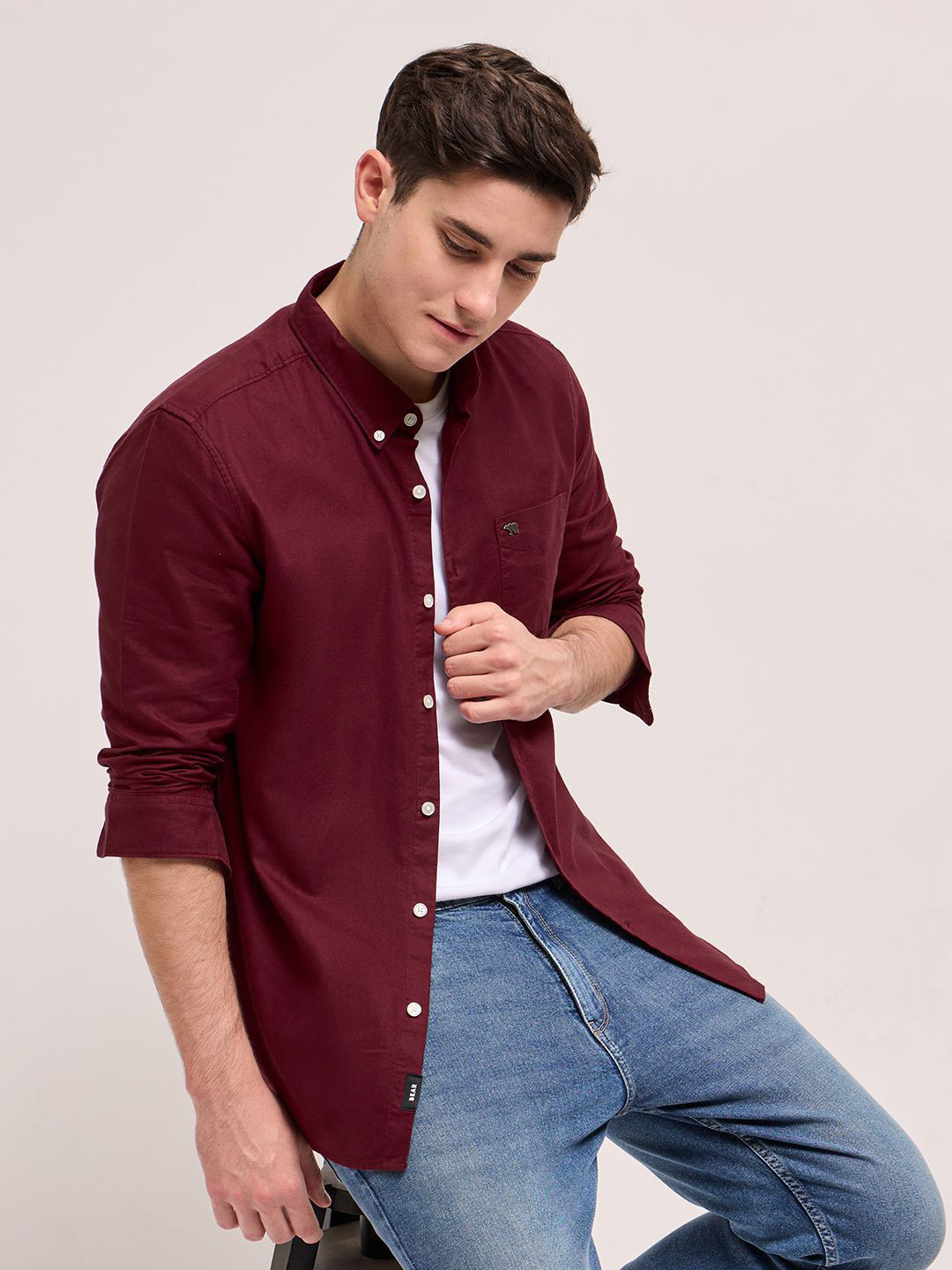 

THE BEAR HOUSE Men Button-Down Collar Solid Cotton Slim Fit Casual Shirt, Maroon