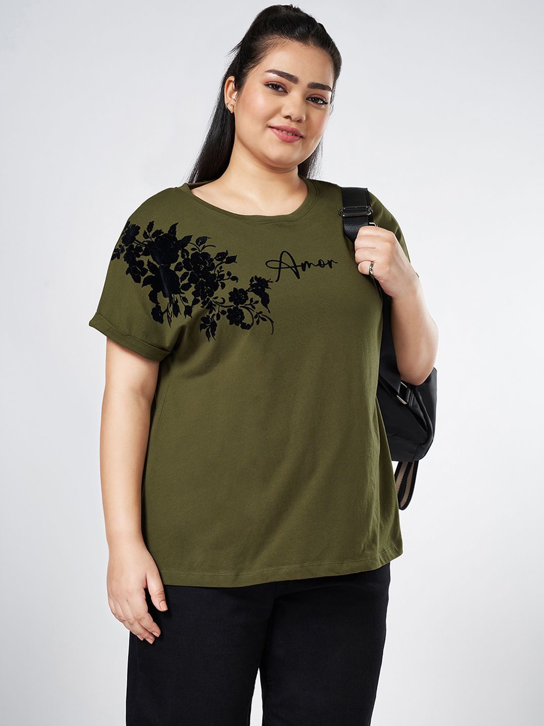 

Honey Curvytude by Pantaloons Women Plus Size Floral Print Cotton Top, Green