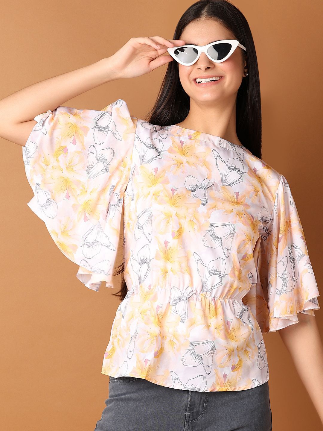 

V-Mart Floral Print Flared Sleeve Cotton Top, Yellow