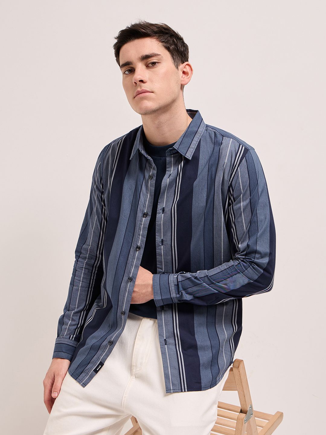 

THE BEAR HOUSE Men Spread Collar Multi Striped Cotton Slim Fit Casual Shirt, Blue