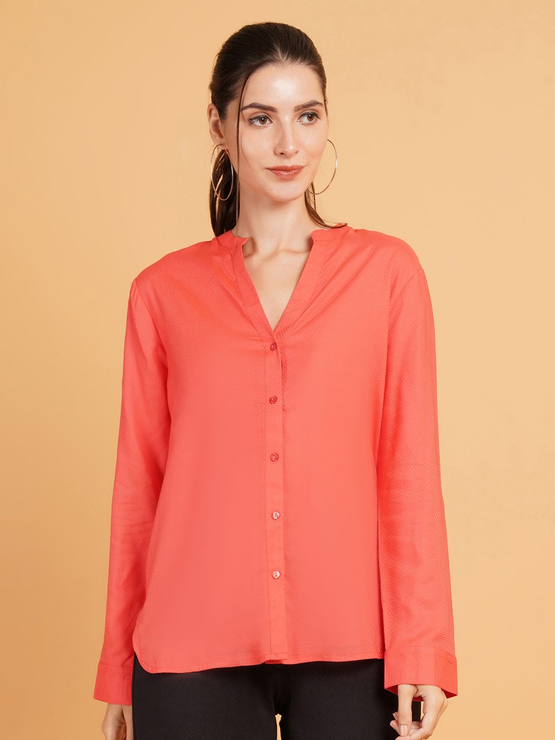 

Mast & Harbour Women Relaxed Mandarin Collar Solid Cotton Oversized Casual Shirt, Orange