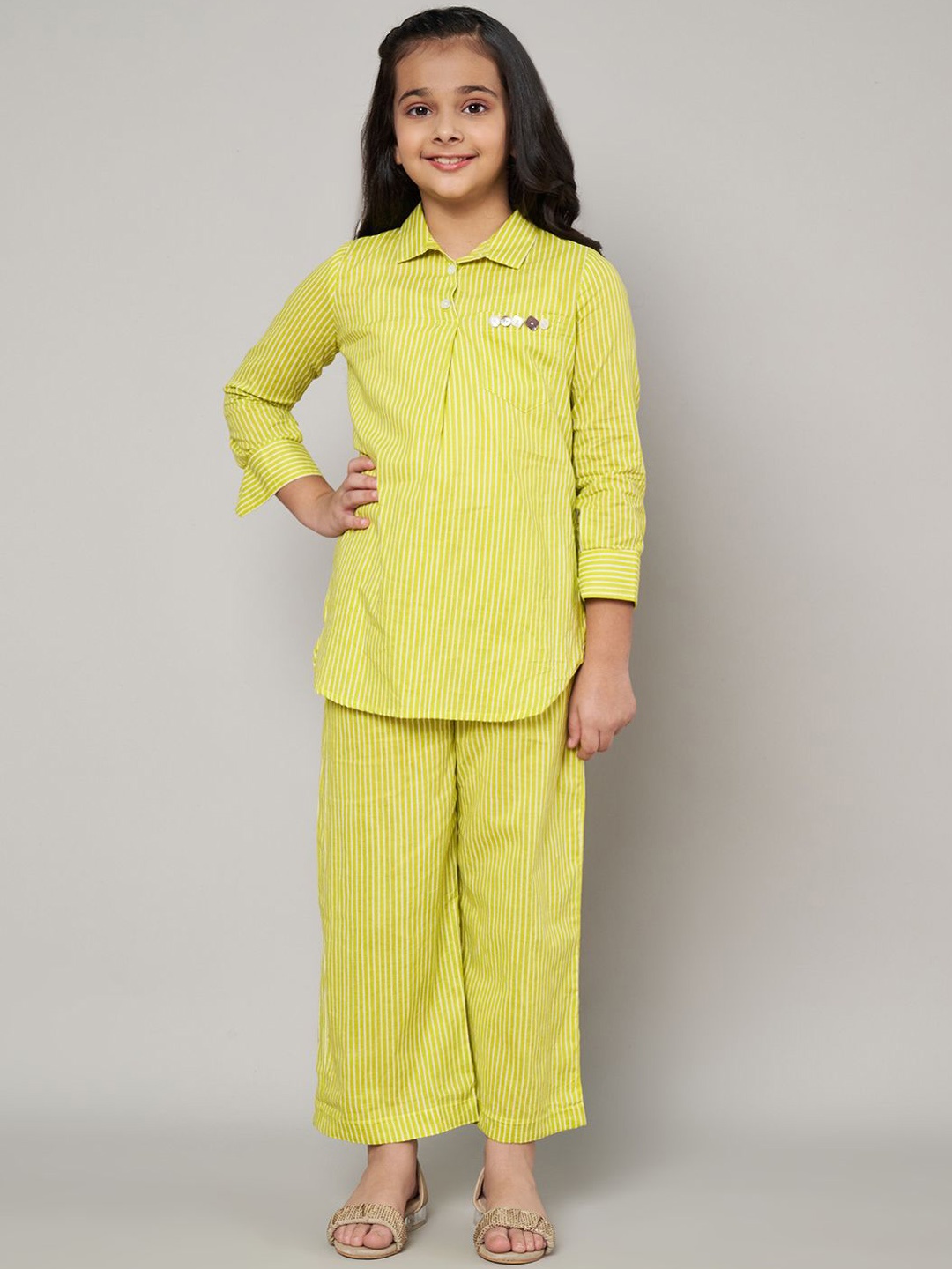 

FABRIC FITOOR Striped Pure Cotton Top With Trouser, Lime green