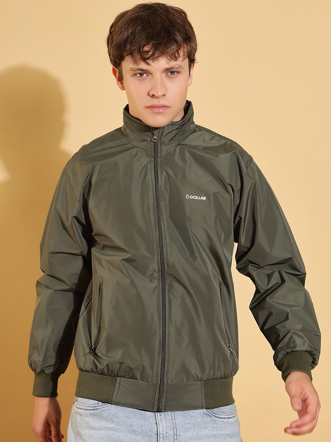 

Dollar Men Mock Collar Solid Casual Bomber Jacket, Olive