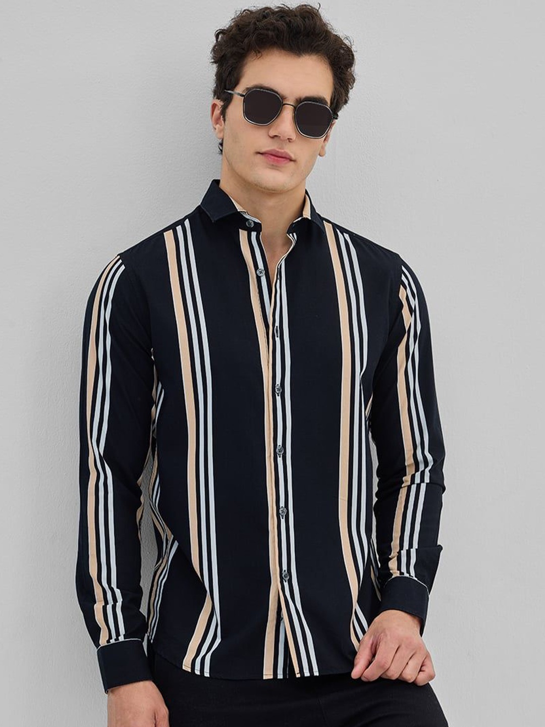 

Snitch Men Smart Slim Fit Opaque Striped Casual Shirt, Black