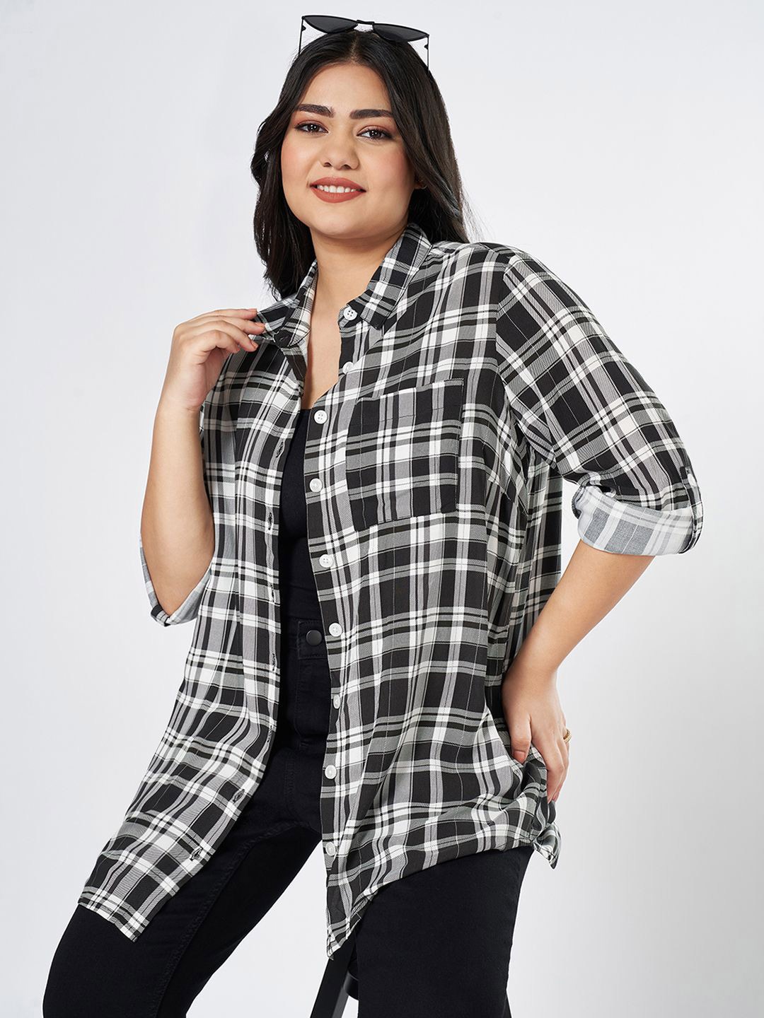 

Honey Curvytude by Pantaloons Women Checked Printed Shirt, Black