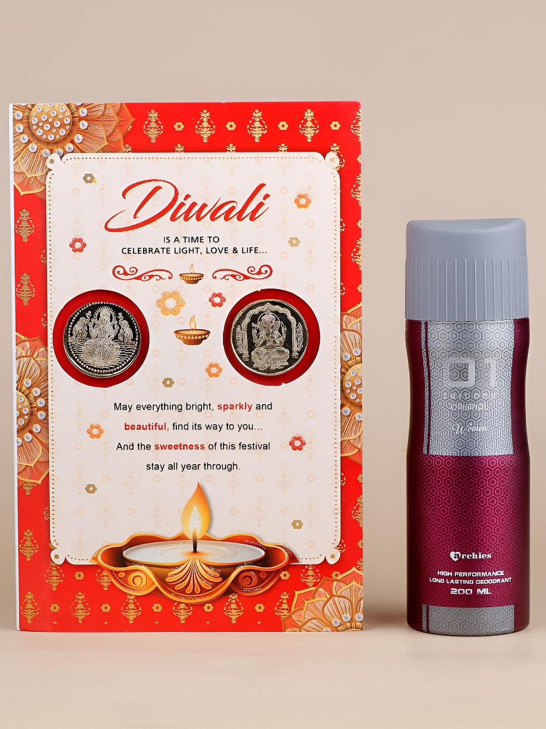 

Archies Grey & Orange-Coloured Diwali Aarti With Golden Coins Card With Perfume Gift Set