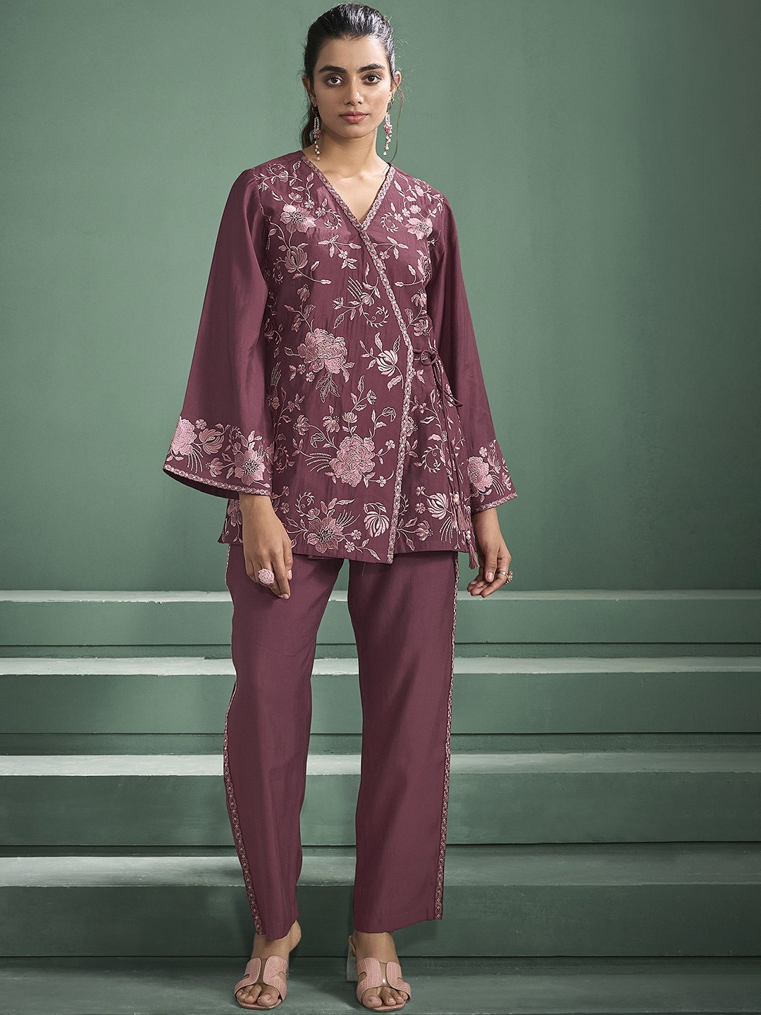 

Anouk V-Neck Embroidered Tunic With Trouser, Mauve