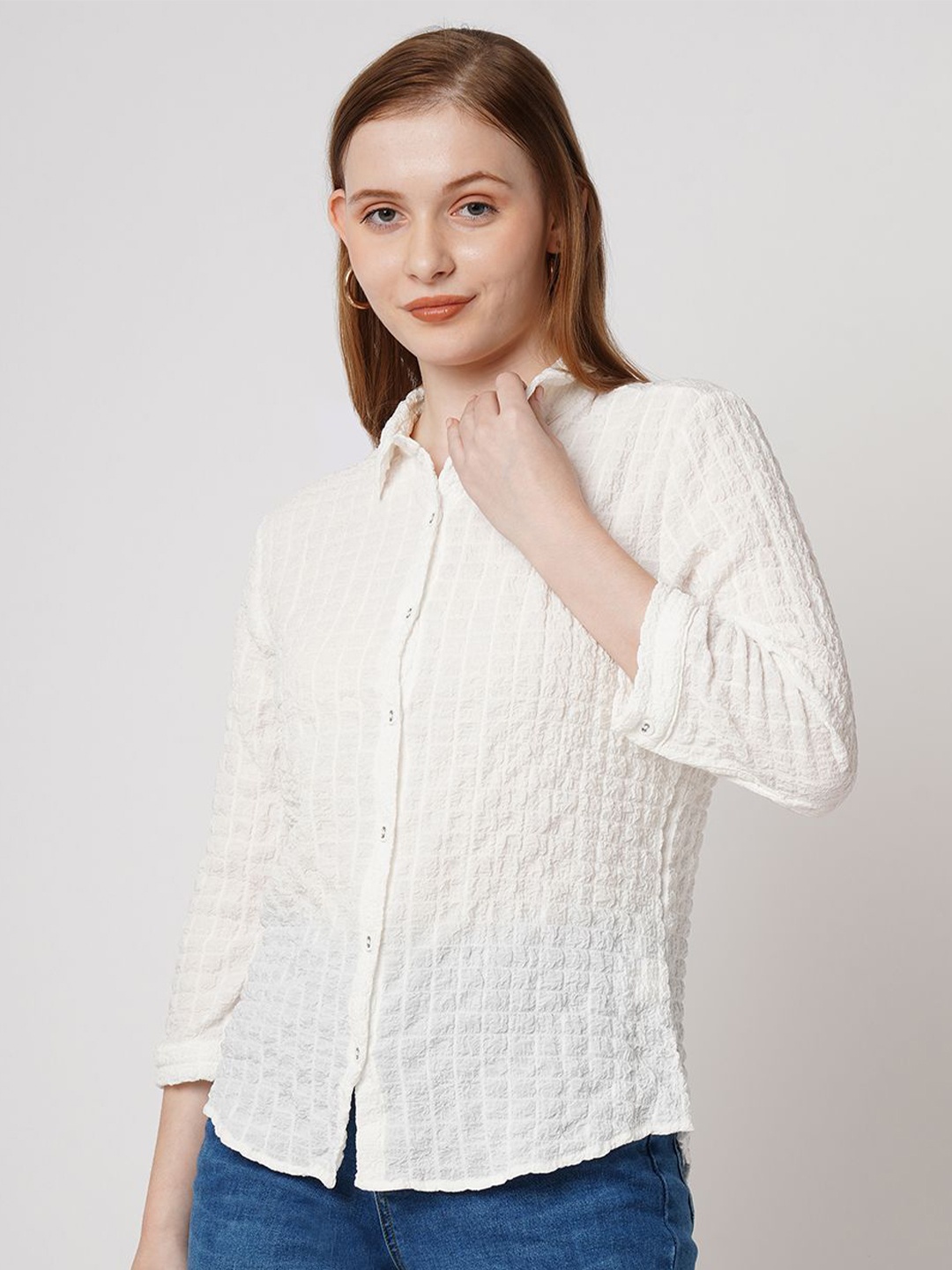 

Kraus Jeans Women Spread Collar Textured Slim Fit Casual Shirt, Off white