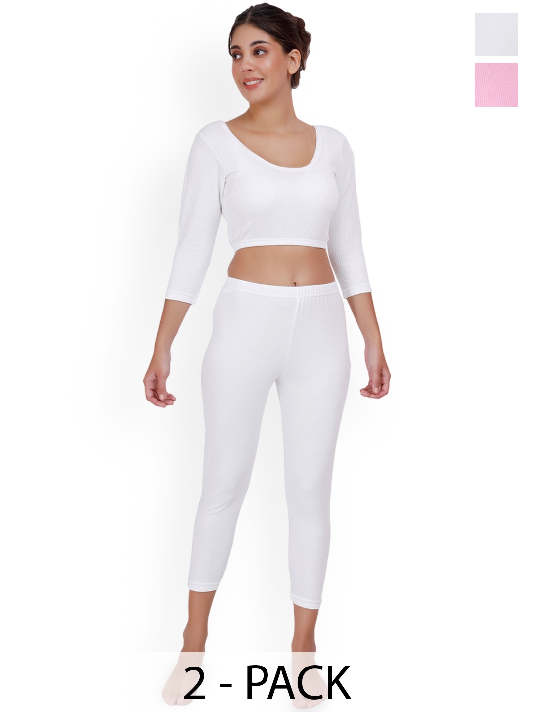 

SELFCARE Women Pack Of 2 Striped Thermal Set, White