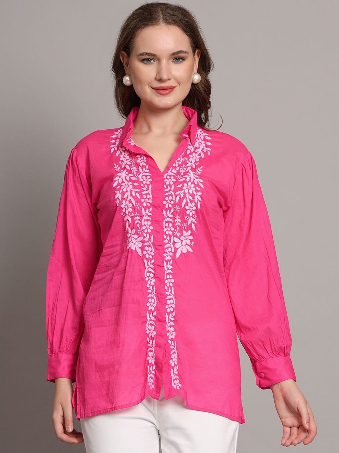 

The Chikan Label Floral Embroidered Shirt Collar Pure Cotton A-Line Kurti, Pink