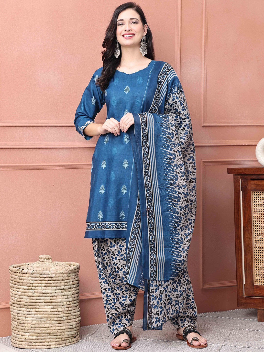 

KALINI Floral Printed Straight Kurta With Salwar & Dupatta, Blue