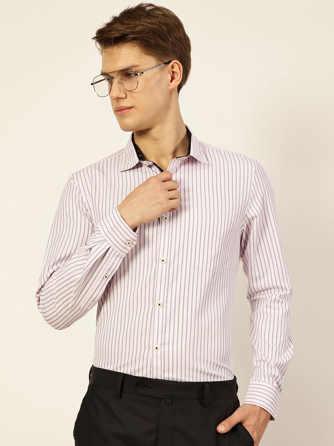 

Thomas Scott Men Smart Cutaway Collar Vertical Striped Cotton Formal Shirt, Pink