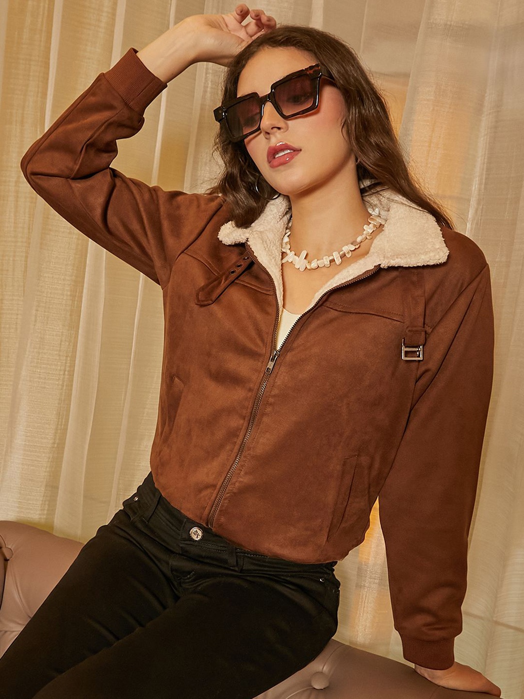 

Campus Sutra Women Spread Collar Solid Casual Bomber Jacket, Brown