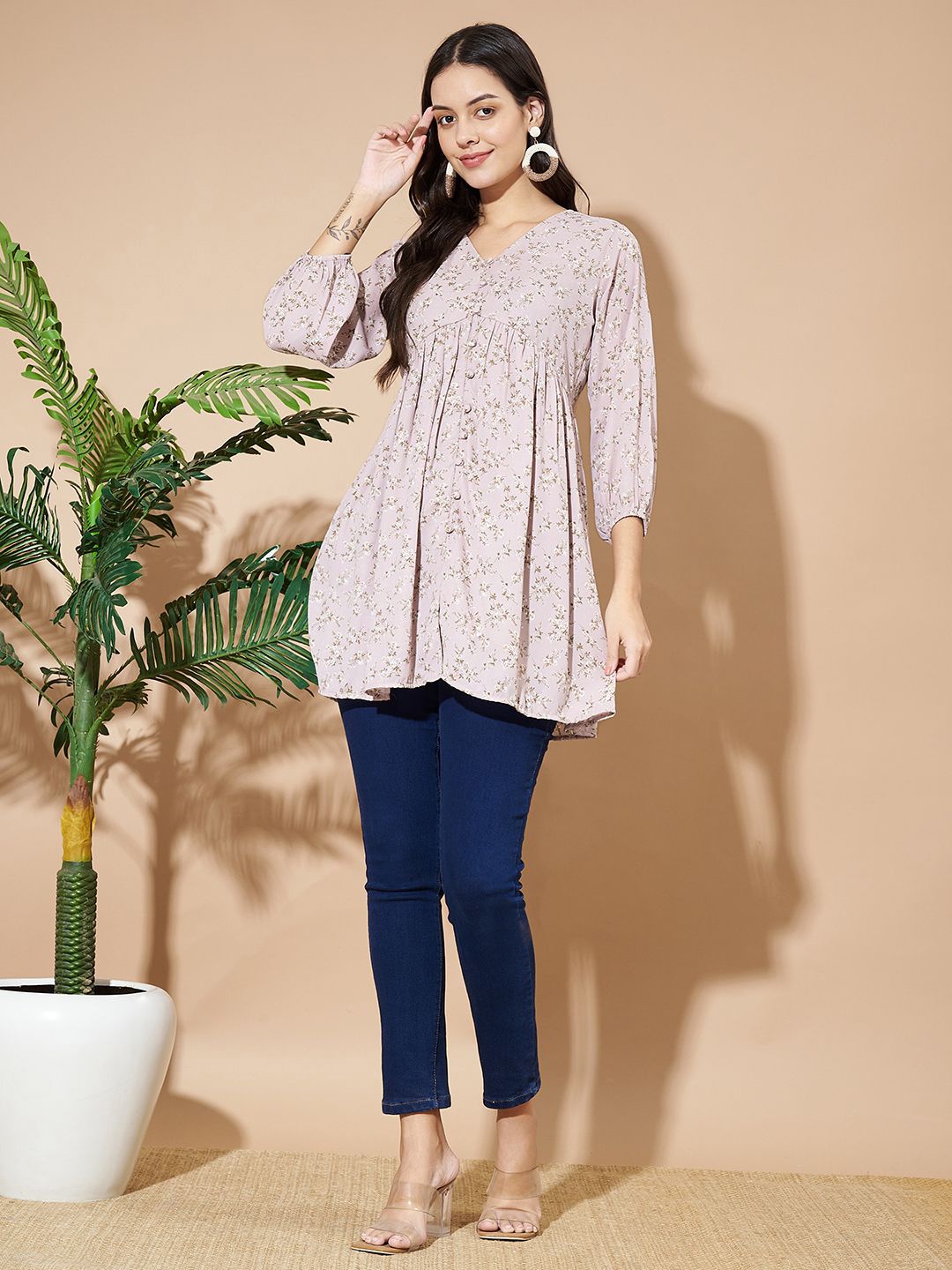 

Slenor Women Floral Print Puff Sleeve Cotton Georgette Tank Longline Top, Beige