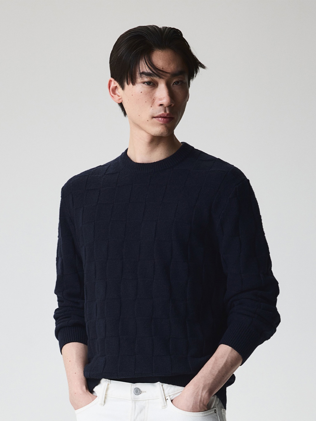 

H&M Textured-Knit Jumper, Navy blue