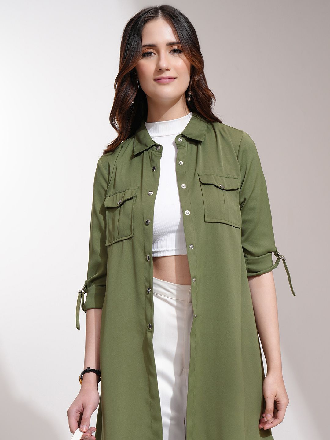 

ESPYR By Tokyo Talkies Longline Button Shrug, Olive